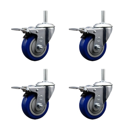 Service Caster 4 Inch Blue Polyurethane Swivel 34 Inch Threaded Stem Caster Set with Total Lock Brake SCC-TSTTL20S414-PPUB-BLUE-34212-4